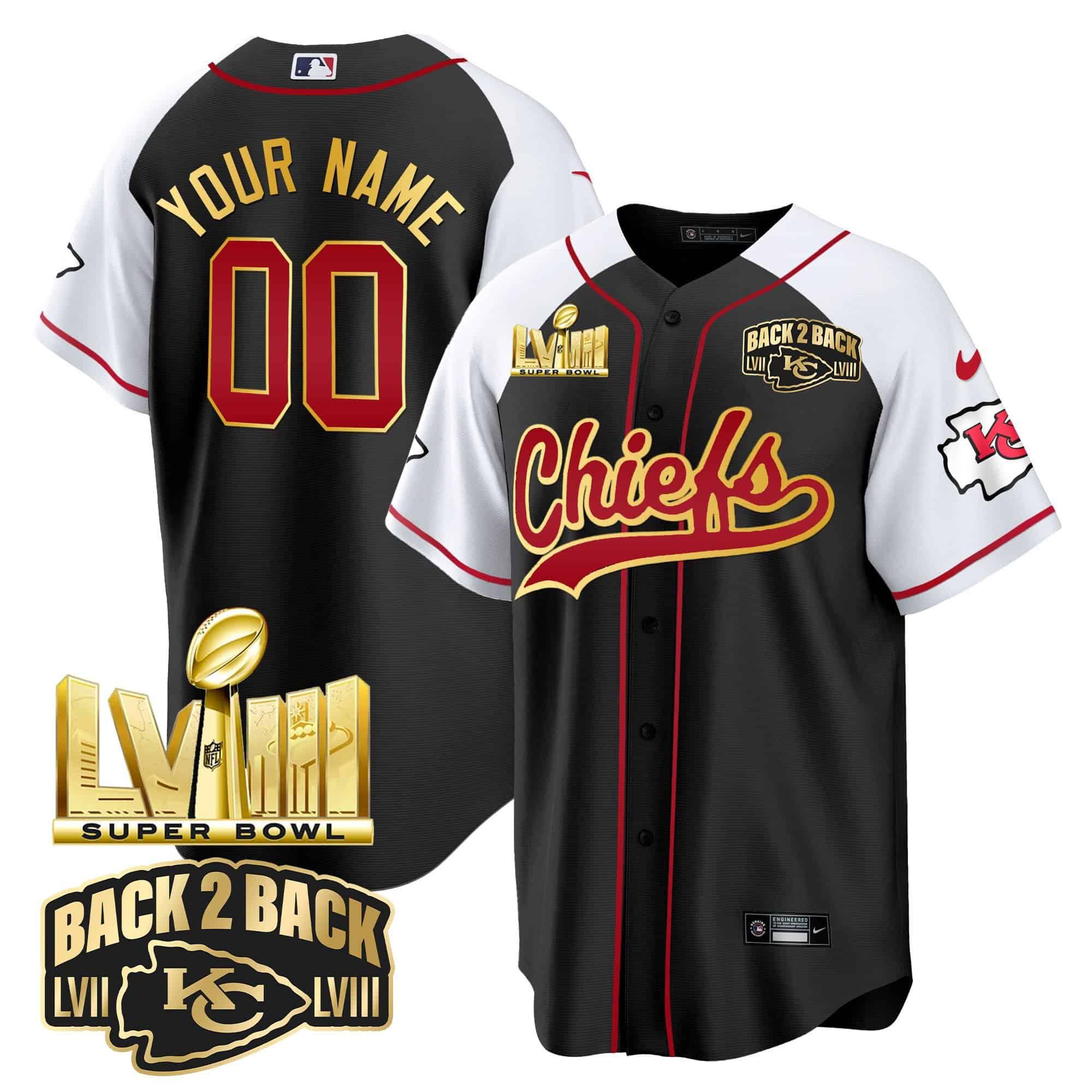 Men Kansas City Chiefs Black 2024 Nike Super Bowl LVIII Back-2-Back Gold Patch Baseball Custom NFL Jersey style 1